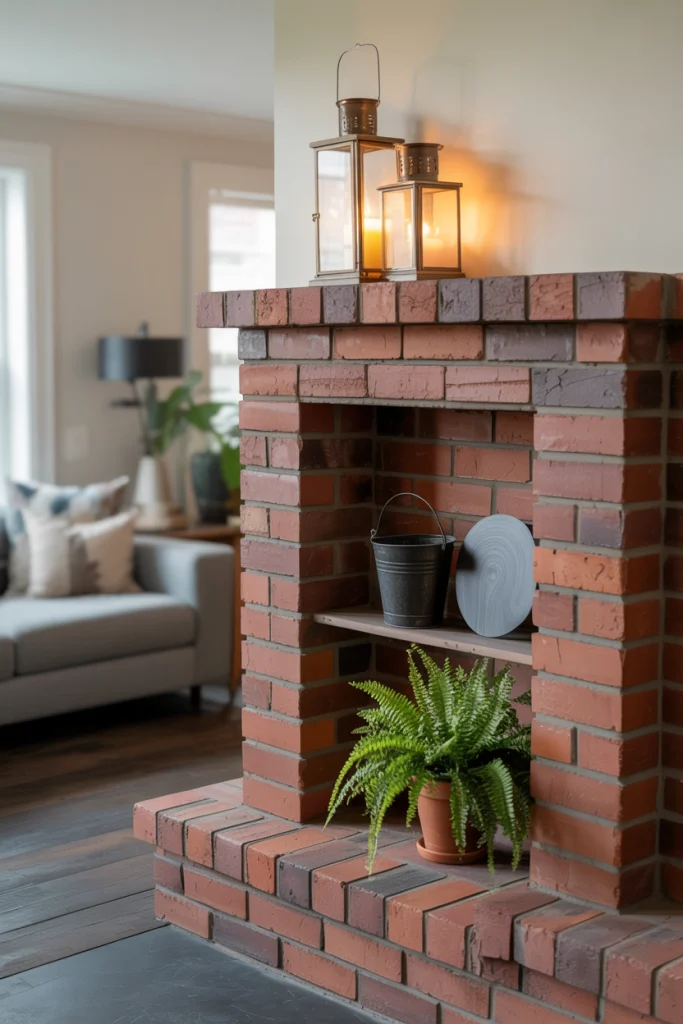 Brick mantel with built-in shelving cozy and useful