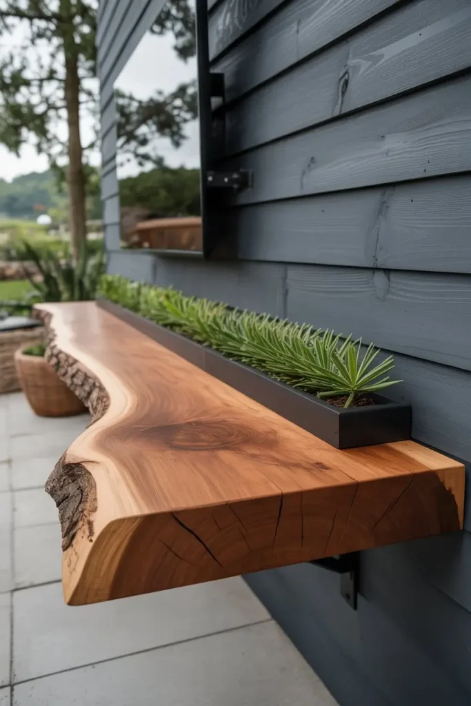 Live-edge wood mantel organic shape, soft lines