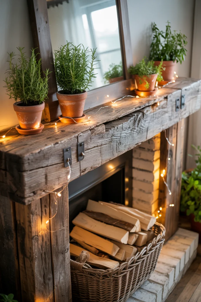 Reclaimed wood mantel warm, rustic, and full of soul