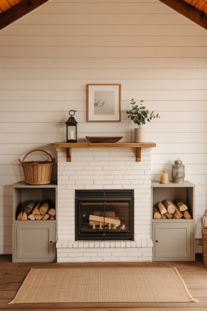 Shelved mantel with closed storage tidy and guest-ready
