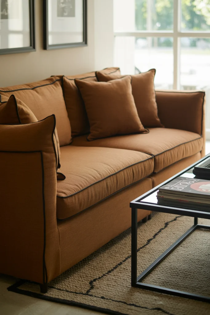 Use black trim to sharpen soft brown furniture