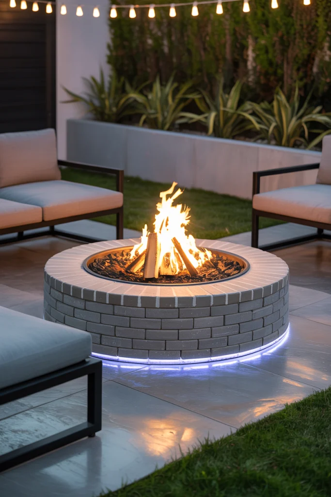 Contemporary Brick Fire Pit With LED Accents