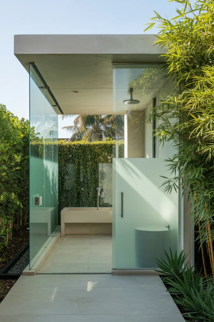 Contemporary Outdoor Bathroom with Glass Enclosure