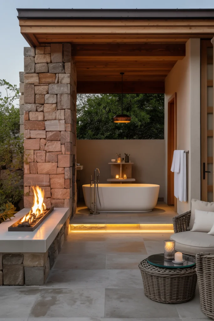Luxury Outdoor Bathroom with Fireplace