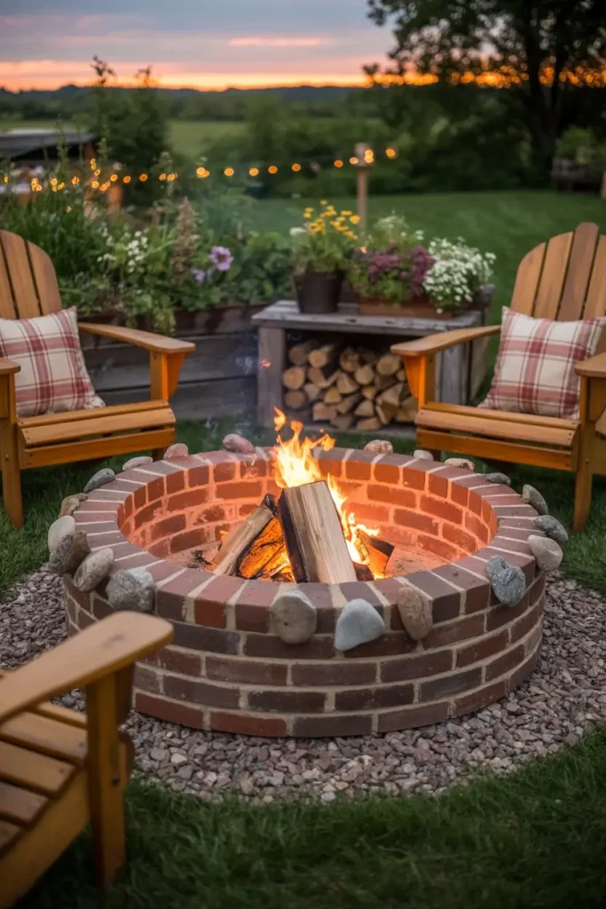 Rustic Brick Fire Pit With Stone Accents