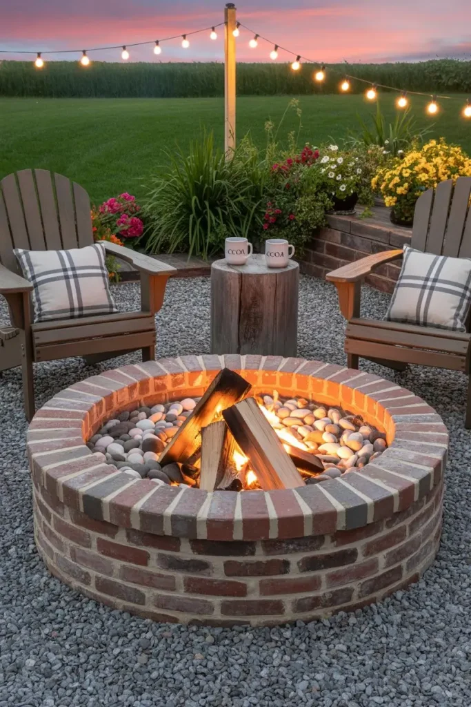 Rustic Circular Brick Fire Pit With Pebble Bed