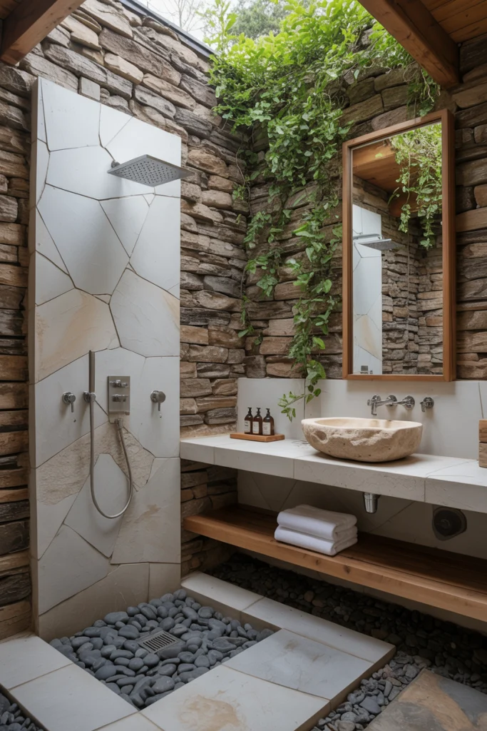 Rustic Stone Outdoor Bathroom Retreat