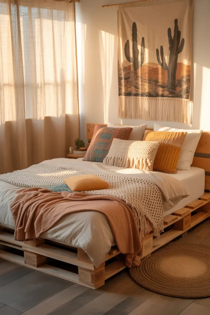Boho-Inspired Pallet Bed with Fabrics