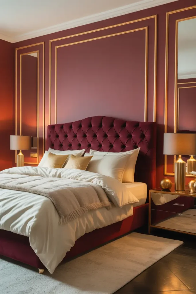 Burgundy Accent Wall with Gold Trim