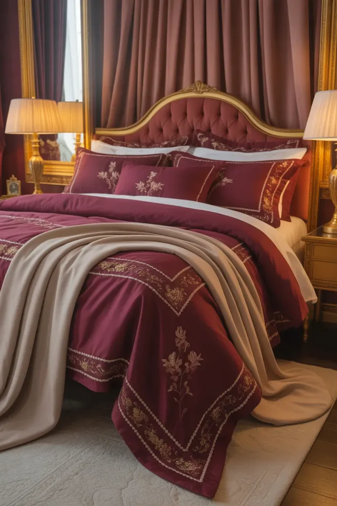 Burgundy Bedding with Gold Threaded Details