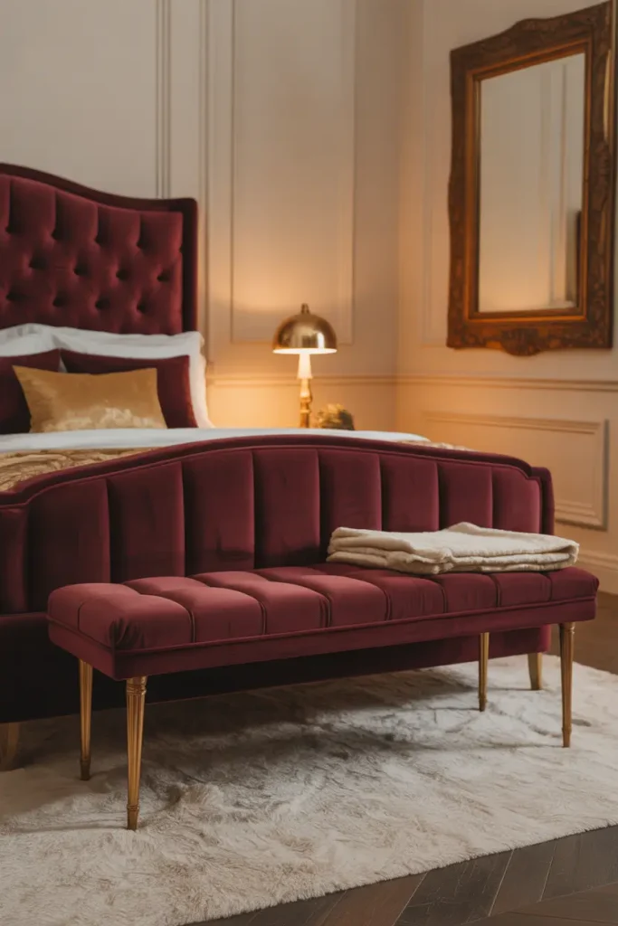 Burgundy Bench with Gold Legs at the Bed’s Foot