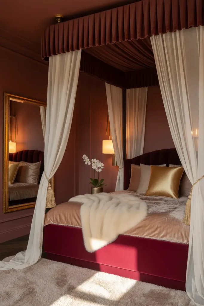 Burgundy Canopy Bed with Gold Drapery Rings