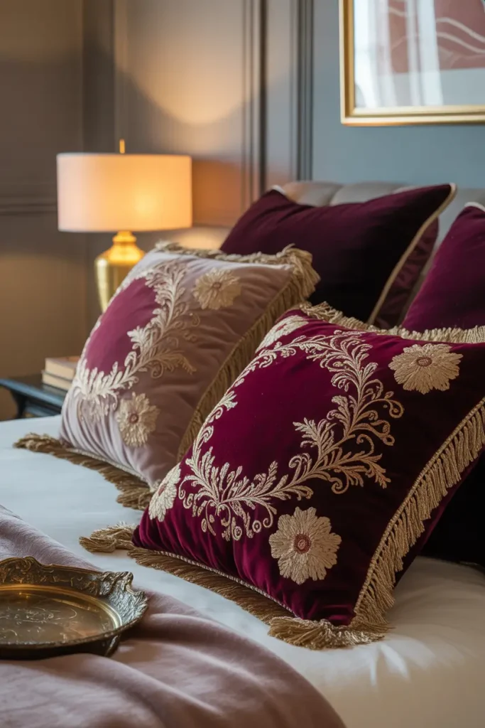 Burgundy Throw Pillows with Gold Embroidery