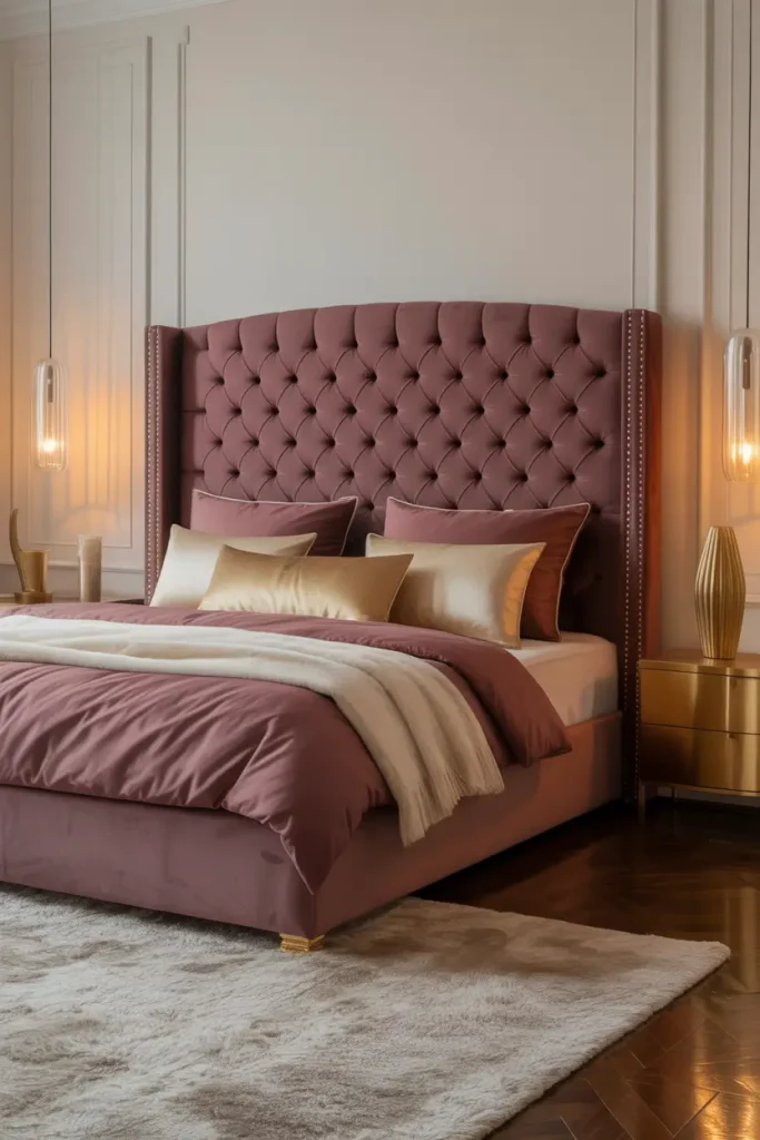 Burgundy Tufted Headboard with Gold Buttons