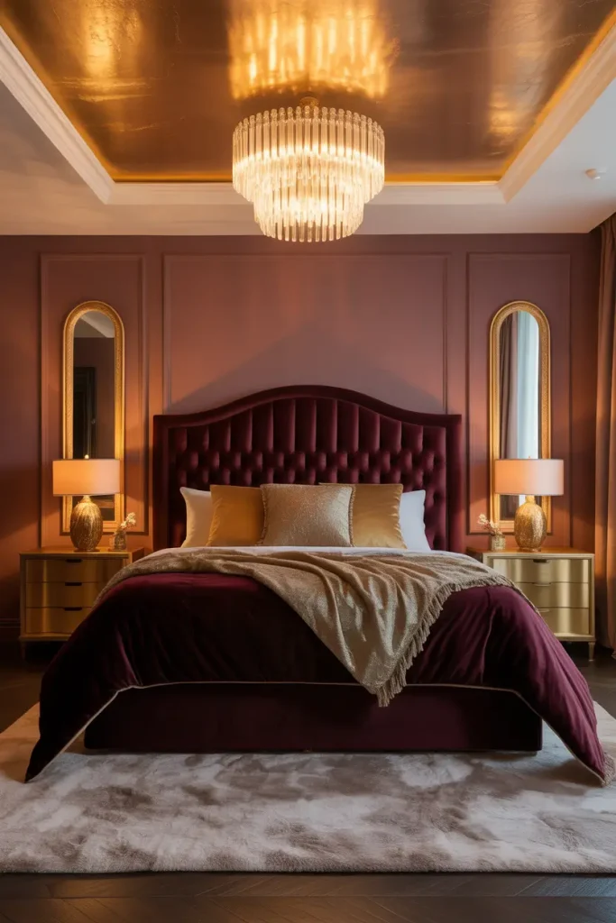 Burgundy Walls with Gold Ceiling Paint