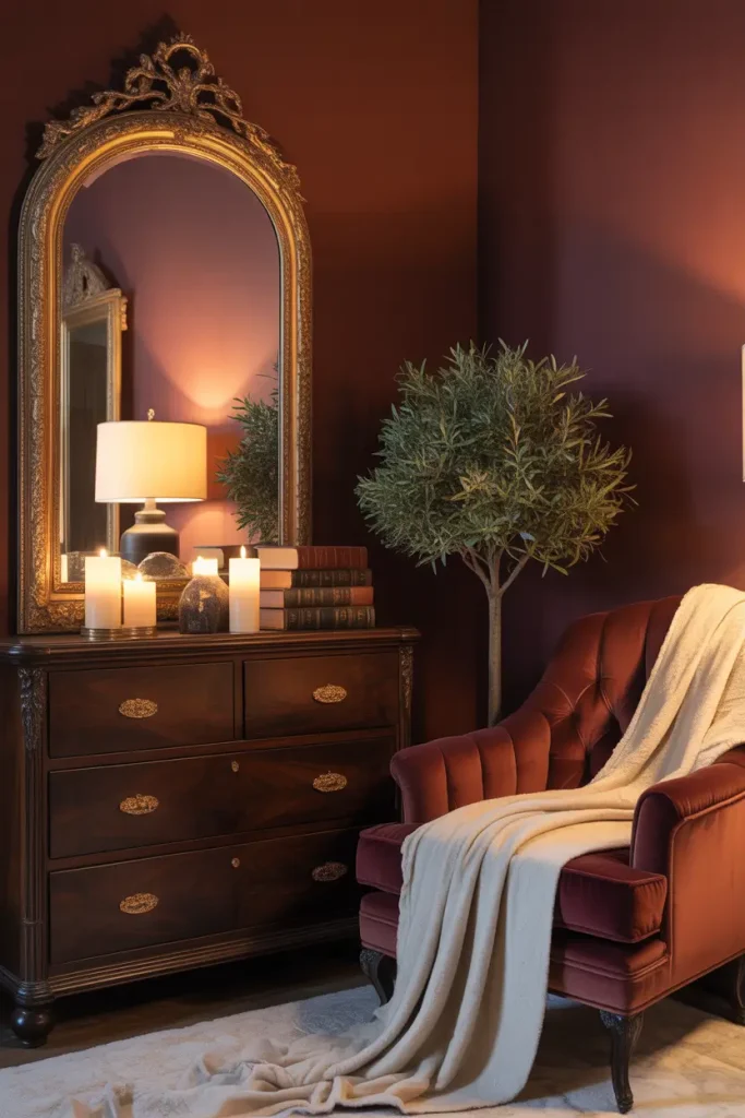 Gold Framed Mirrors Over Burgundy Walls