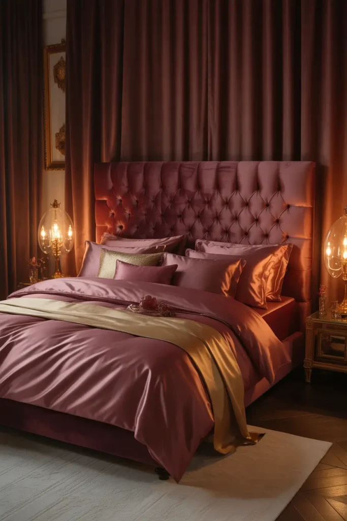 Golden Bedding Accents on a Burgundy Bed
