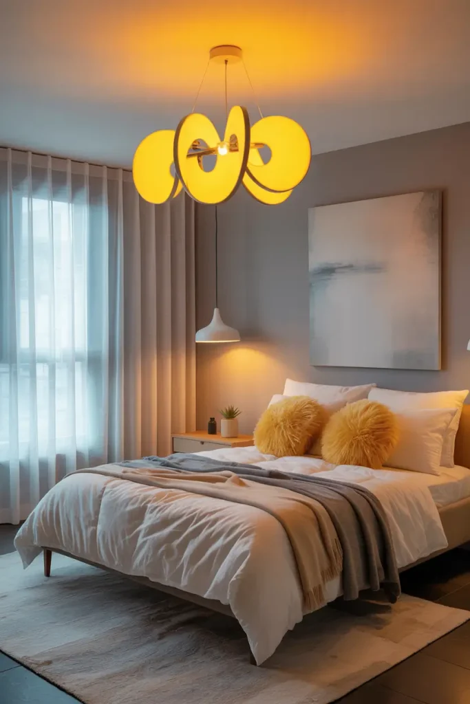 Grey Ceiling with Yellow Pendant Lighting