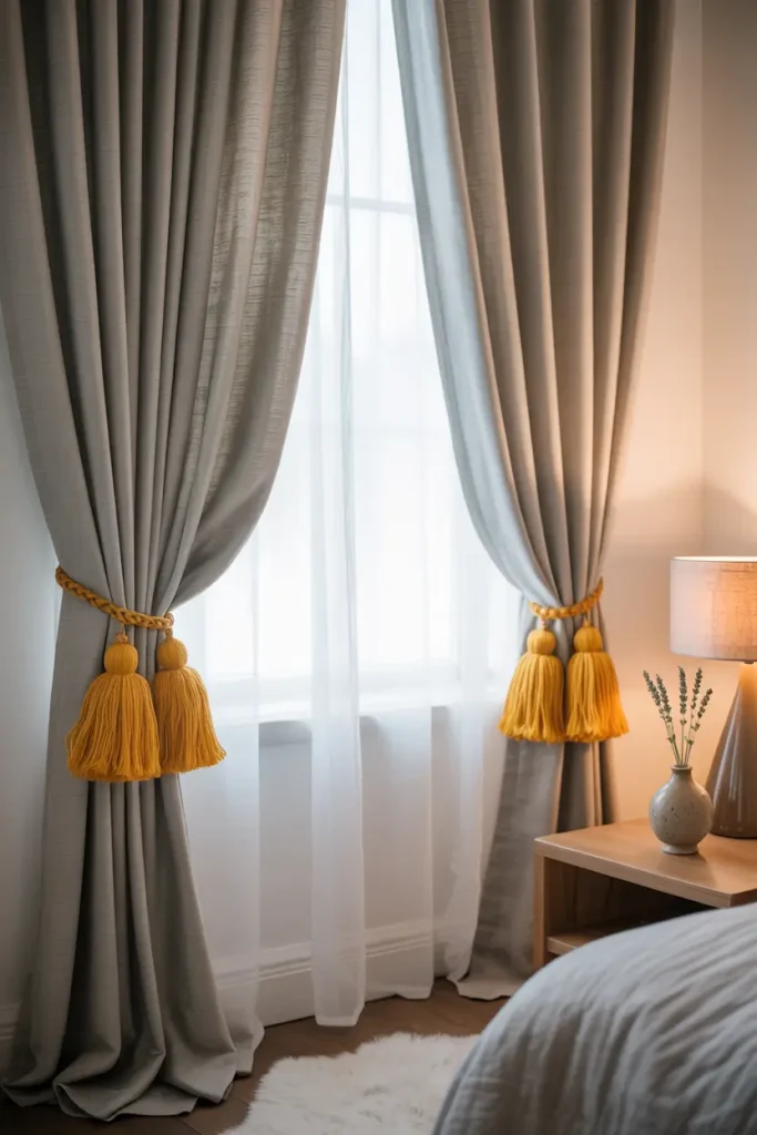 Grey Curtains with Yellow Tassel Tiebacks