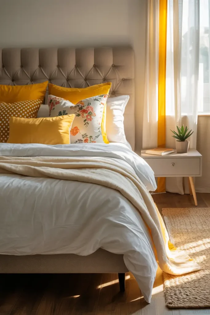 Grey Tufted Headboard with Yellow Accent Pillows