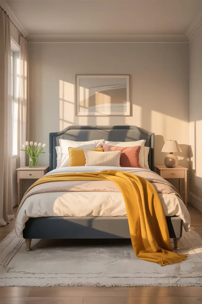Grey Upholstered Bed with a Yellow Throw Blanket
