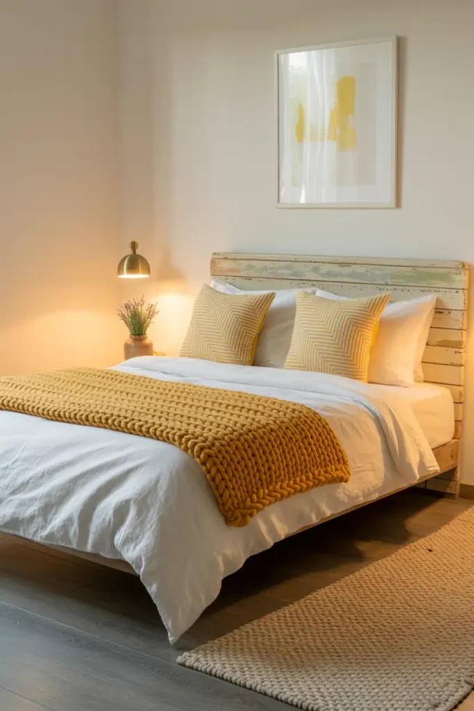 Grey Wood Flooring with Yellow Decor Touches