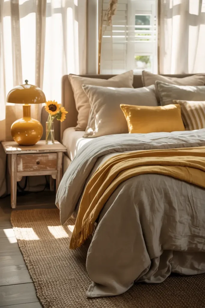 Grey and Yellow Bedding for a Guest Room