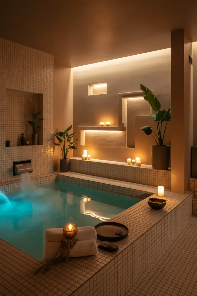Indoor Spa Room with Tiled Walls