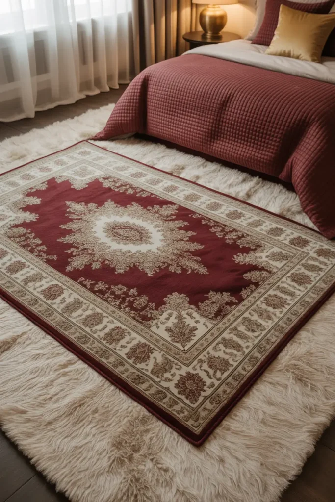Layered Rugs in Burgundy and Gold Tones