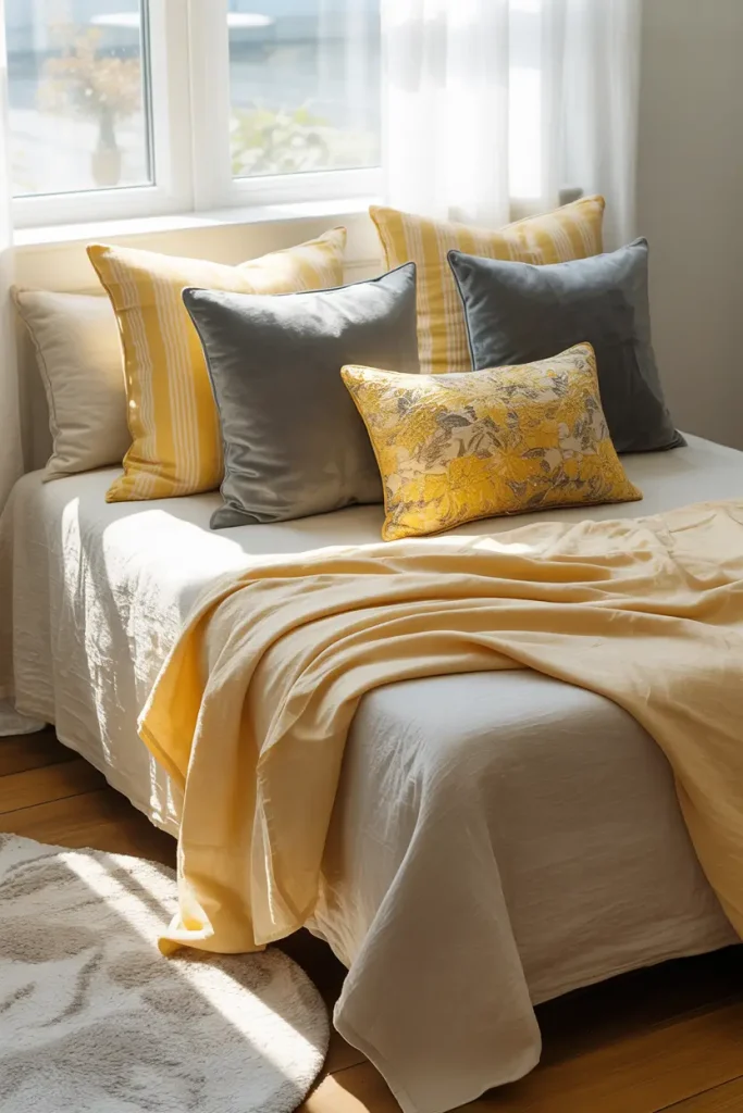 Layered Yellow and Grey Throw Pillows