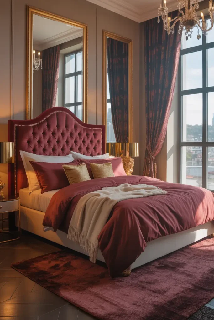 Make Your Bedroom Shine with Rich Burgundy and Gold Style