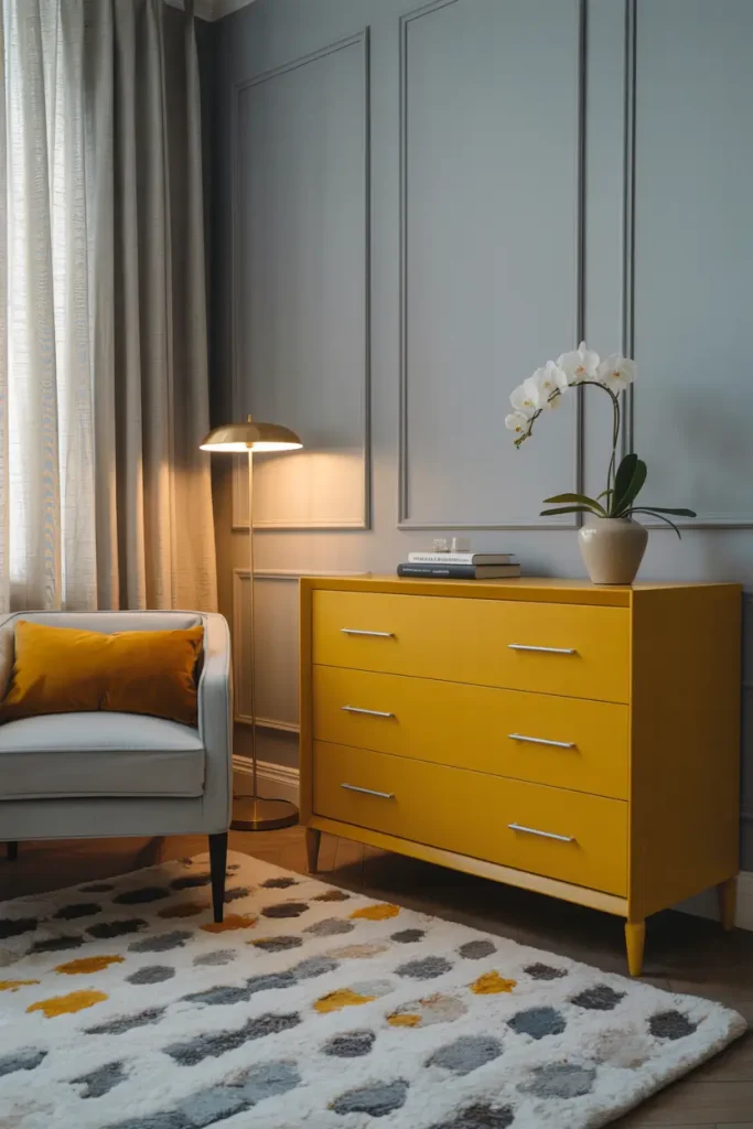 Pale Grey Walls with Yellow Furniture Pieces