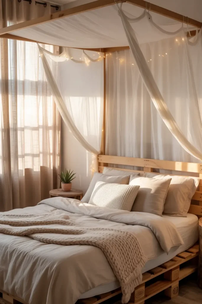 Pallet Bed with Hanging Canopy Above