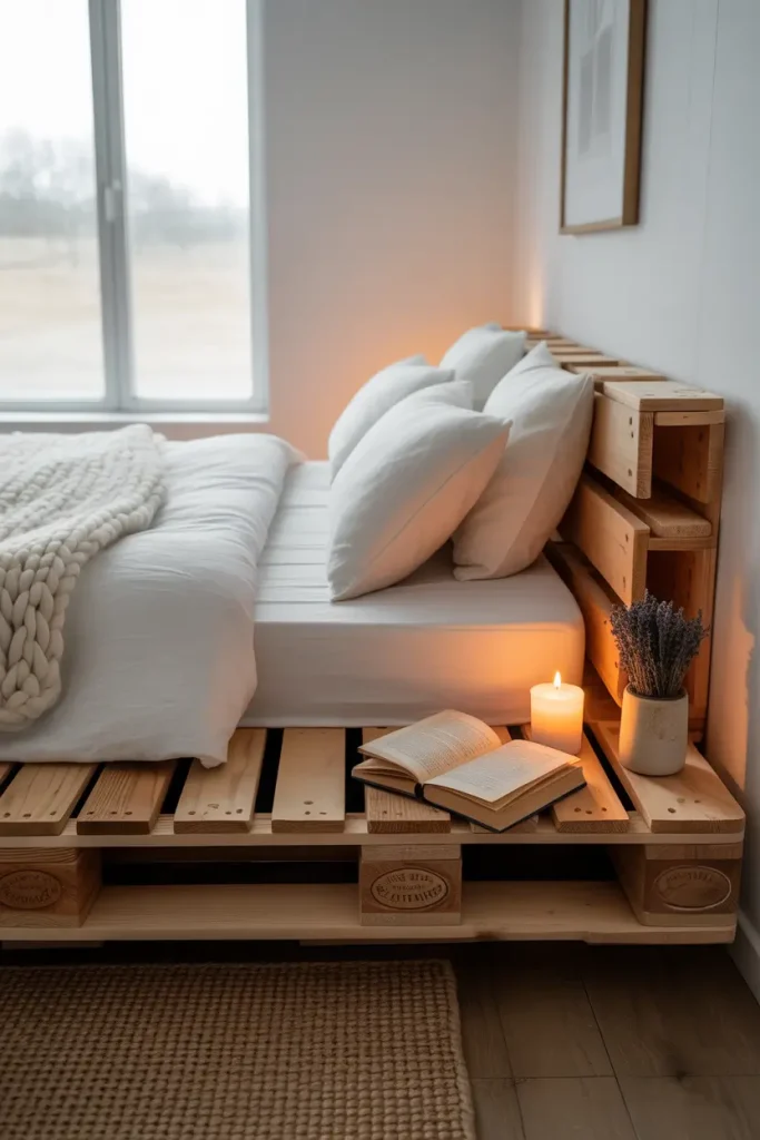 Pallet Bed with Side Table Extensions