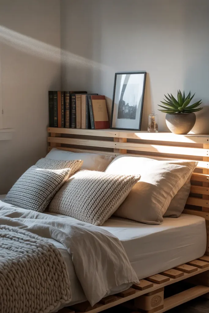 Pallet Bed with a Slatted Headboard Shelf