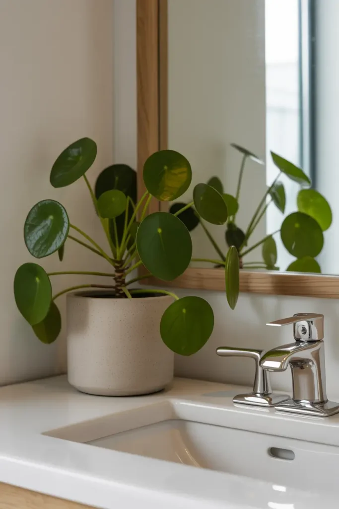 Pilea Peperomioides on the Vanity