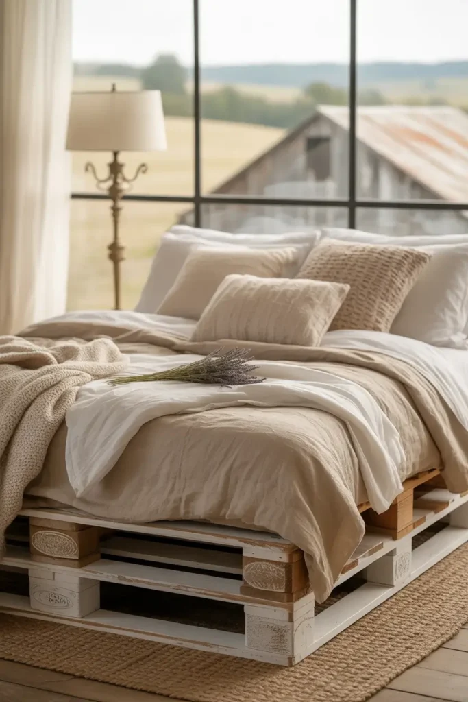 Rustic Farmhouse Pallet Bed with Whitewash Finish