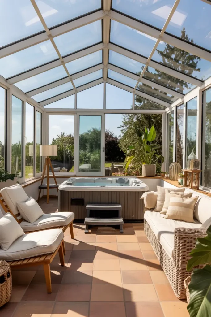 Sunroom with Hot Tub and Lounge Chairs