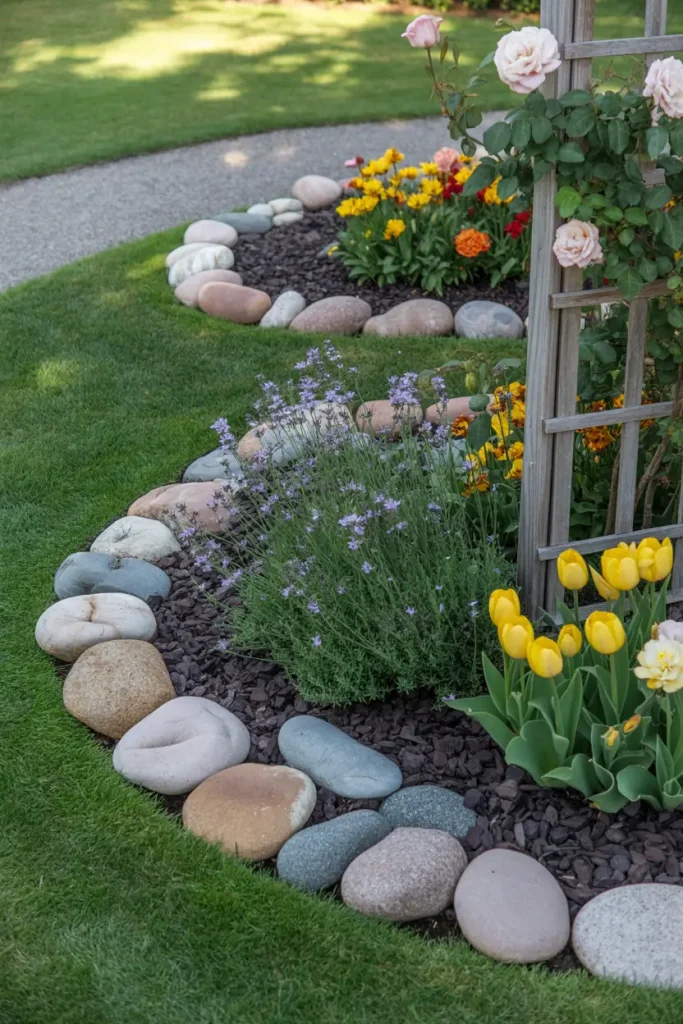 Use River Rocks to Shape Flower Beds