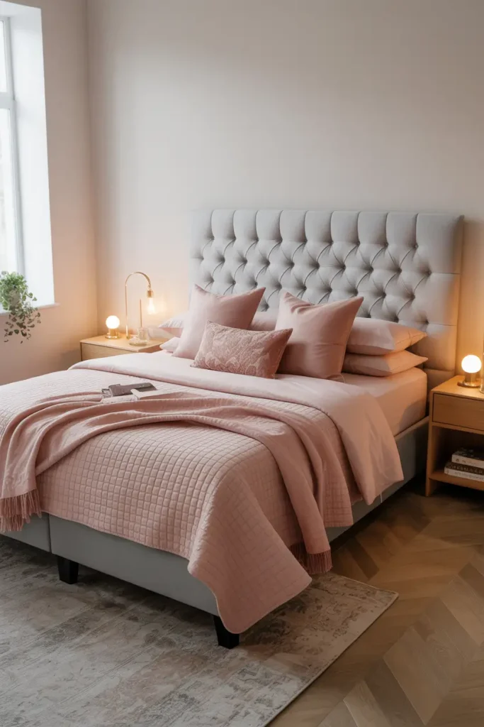 Use Soft Pink Bedding on Grey Bed Frames