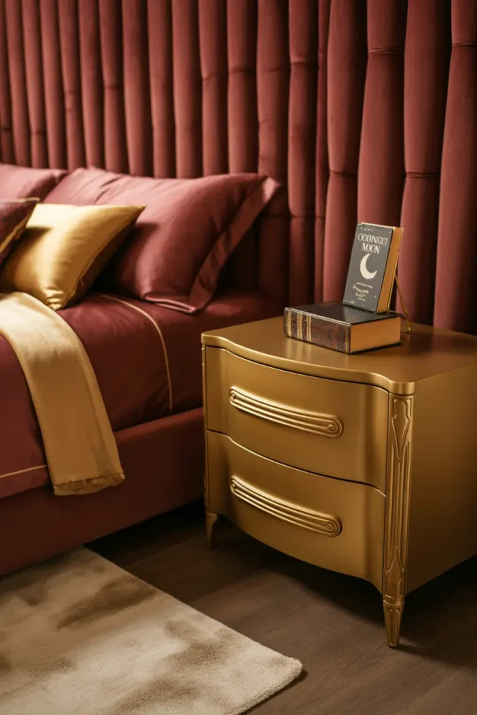 Velvet Burgundy Bed Frame and Golden Nightstands