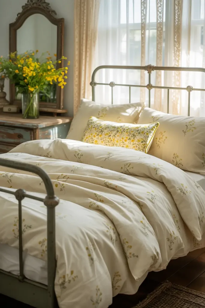 Vintage Grey Bed Frame with Yellow Floral Accents