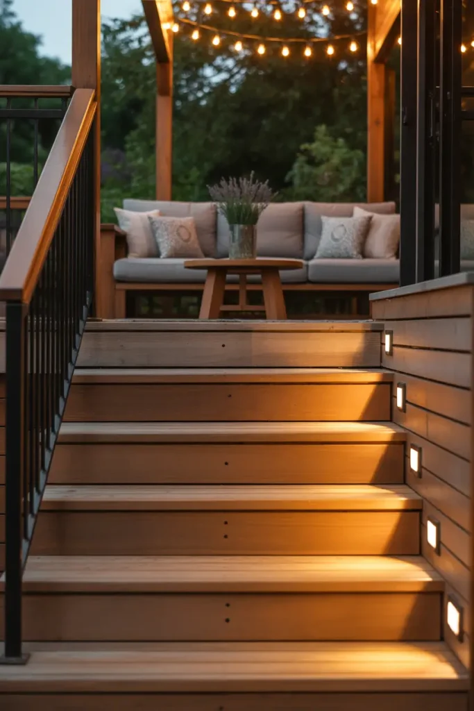 Warm Wood Deck Stairs With Soft Lighting
