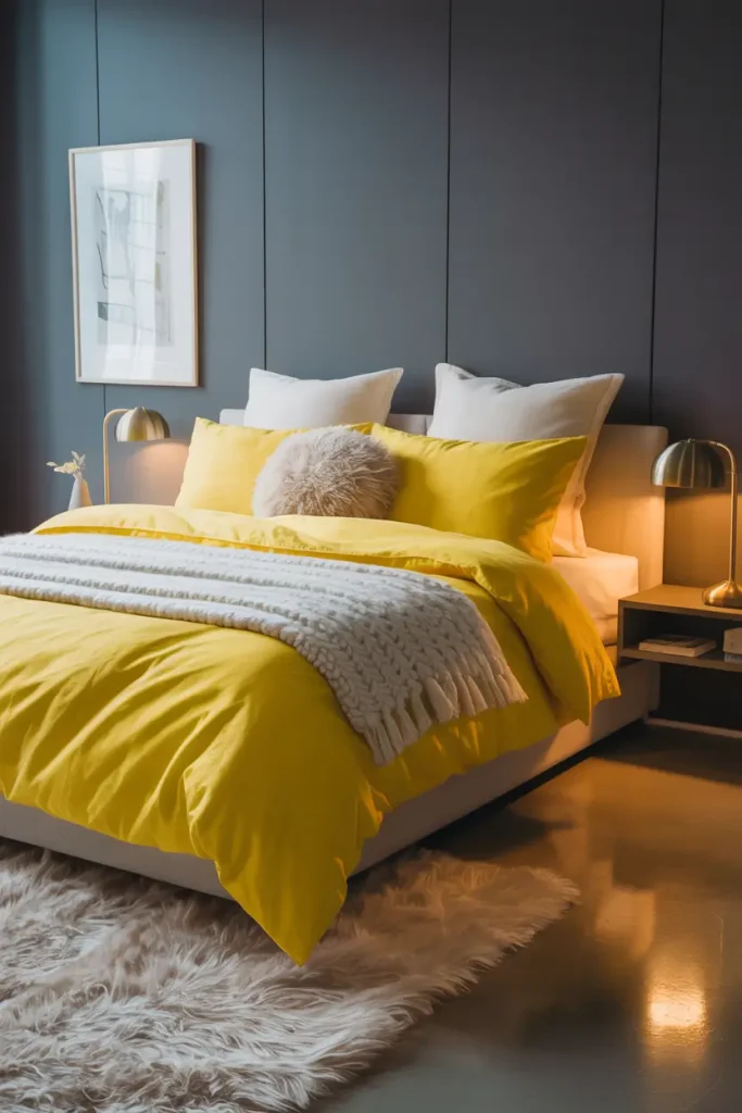 Yellow Bedding on Charcoal Grey Walls