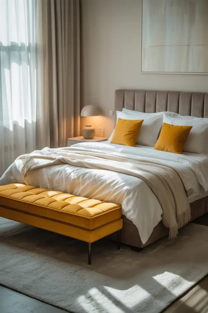 Yellow Bench at the Foot of a Grey Bed