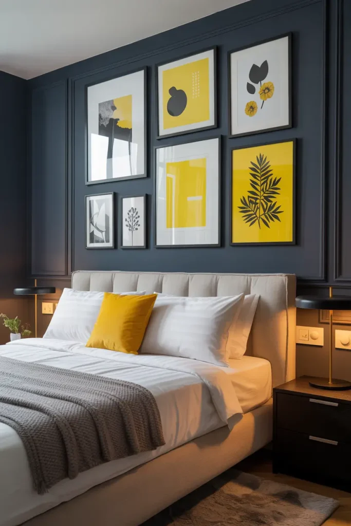 Yellow Framed Art on Deep Grey Walls