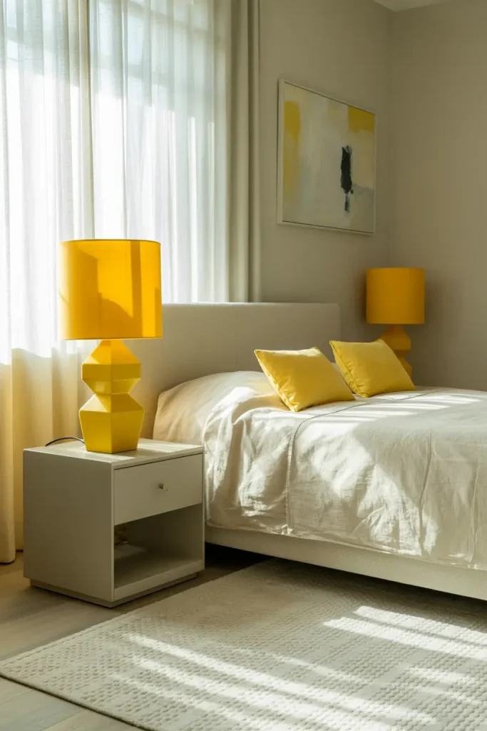 Yellow Lamps on Grey Bedside Tables