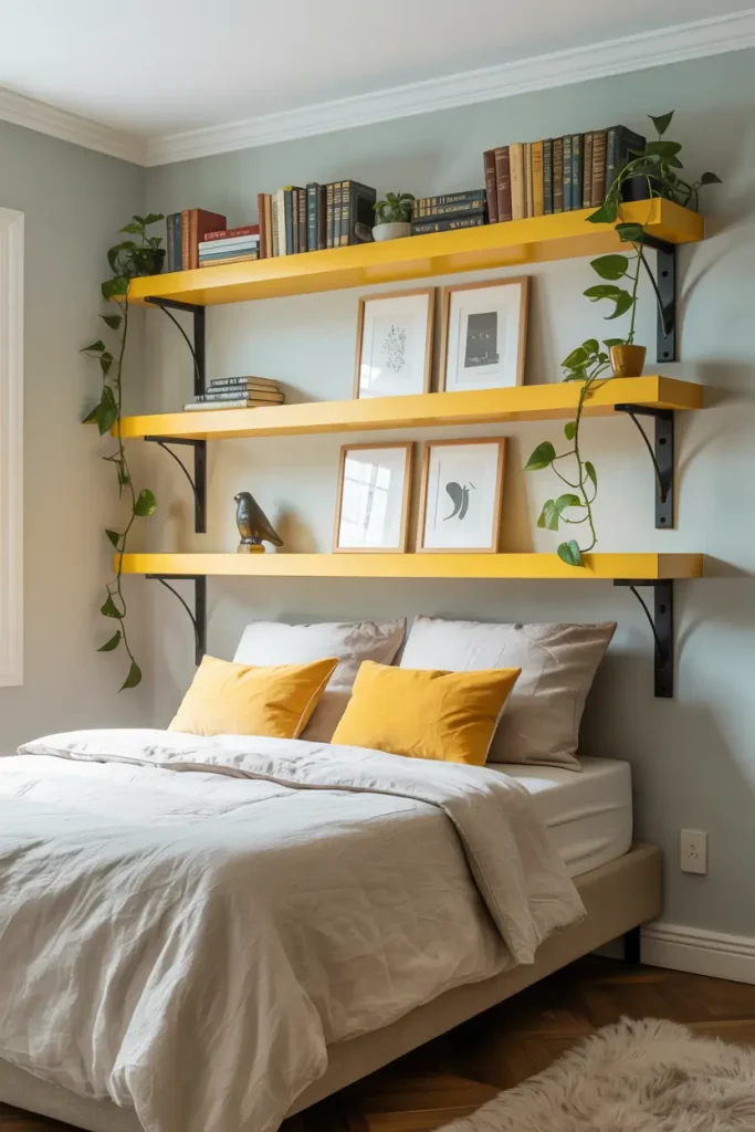 Yellow Wall Shelves on Grey Walls