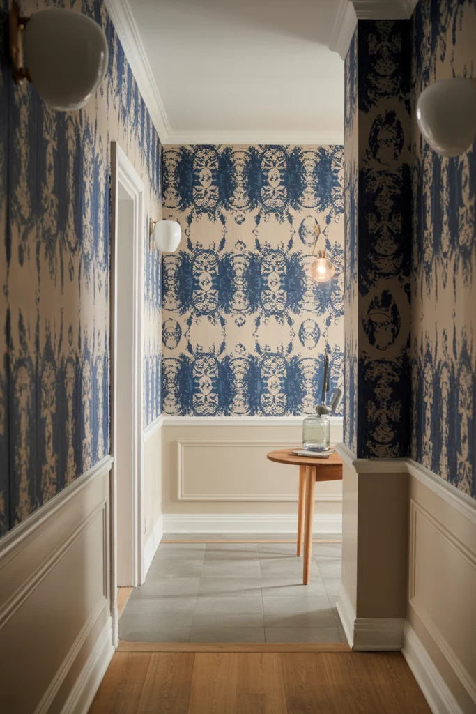 Add Interest with Patterned Blue Wallpaper