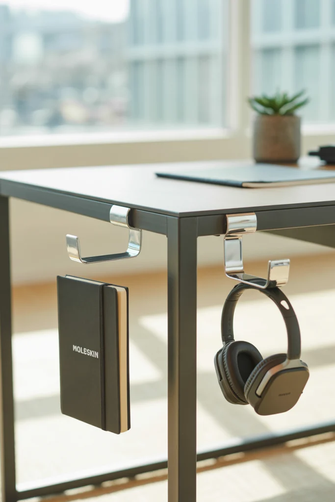Add Under-Desk Hooks for Bags and Headphones